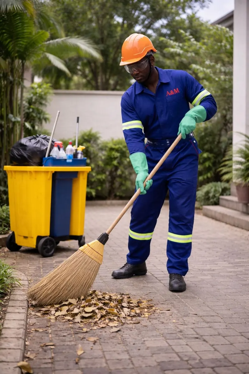 An A&M groundskeeper in uniform and hard hat sweeping leaves from a paved compound